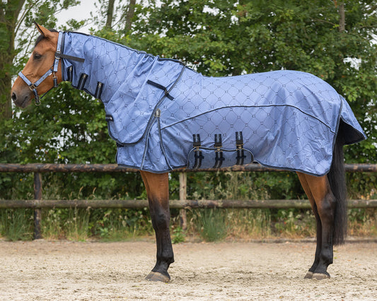 QHP Country Blue Collection Fly Rug with Neck & Fly Mask