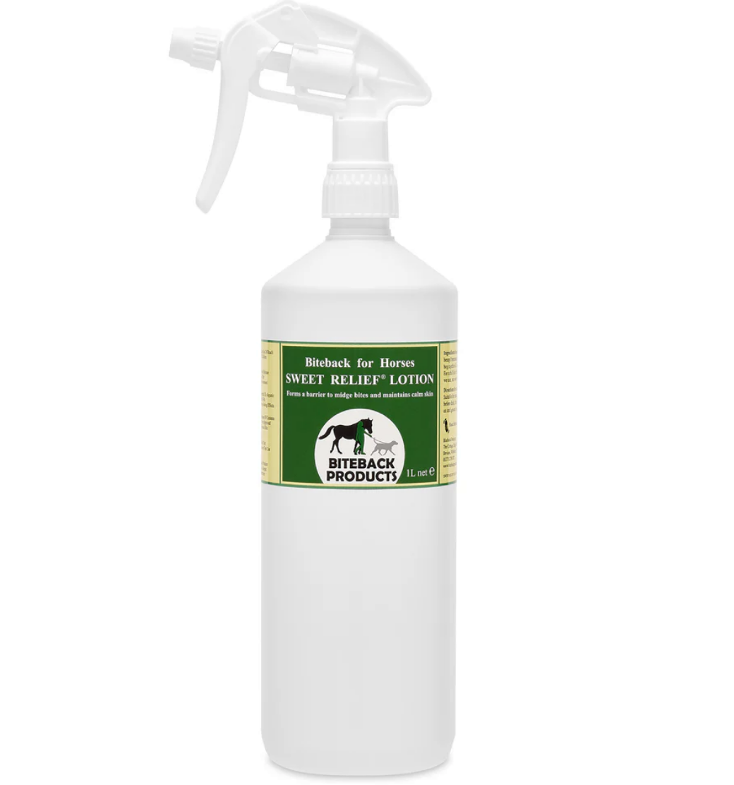 A white spray bottle of Biteback Sweet Relief Lotion of 1ltr against a white background