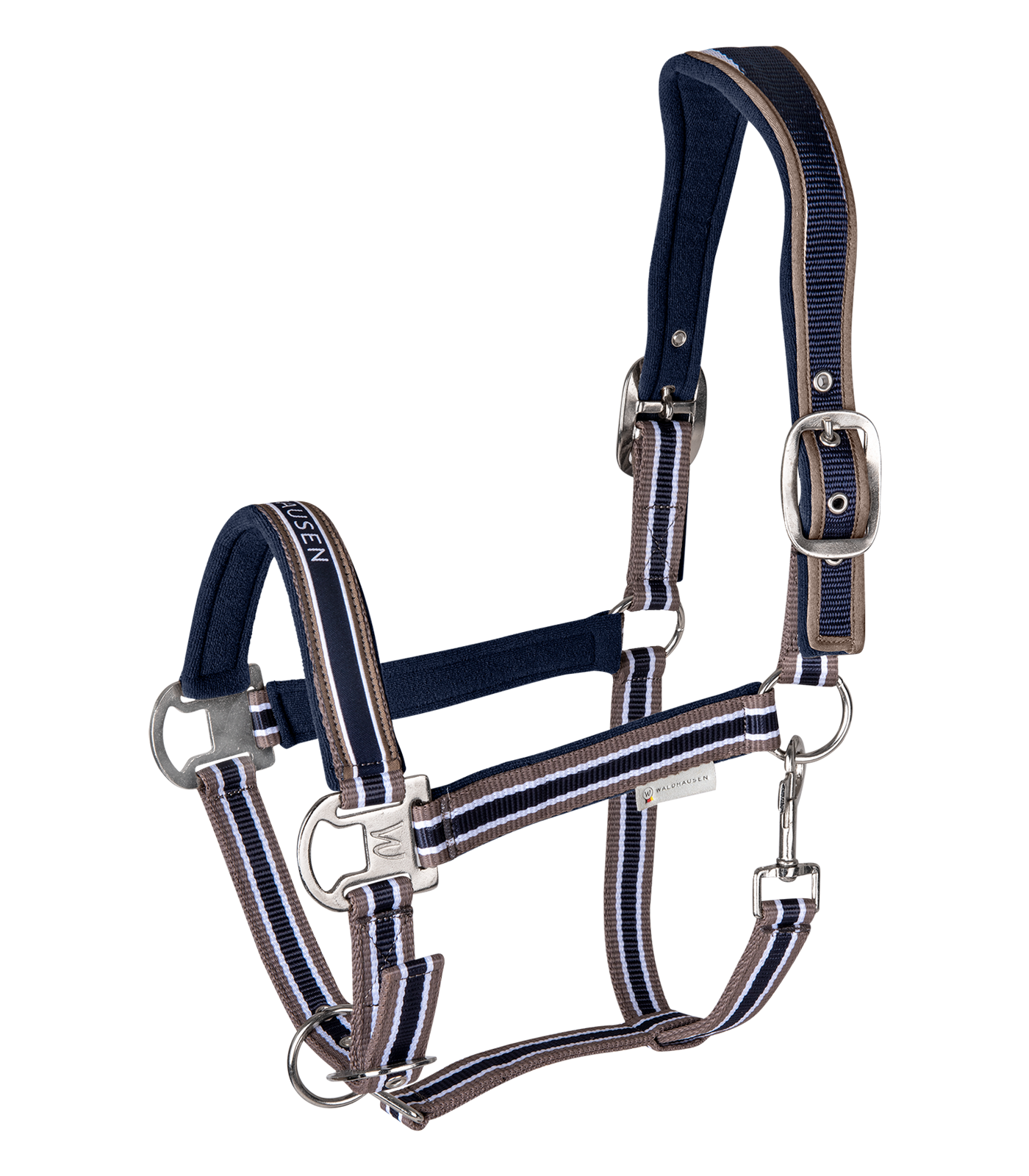 Navy and brown nylon headcollar with silver fittingswith padding on the poll and nose piece, and anatomical poll