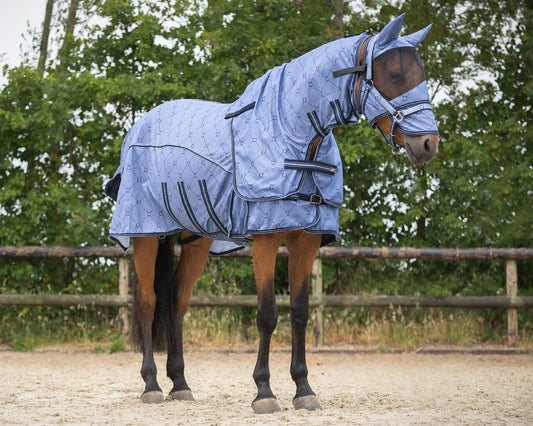 QHP Country Blue Collection Fly Rug with Neck & Fly Mask