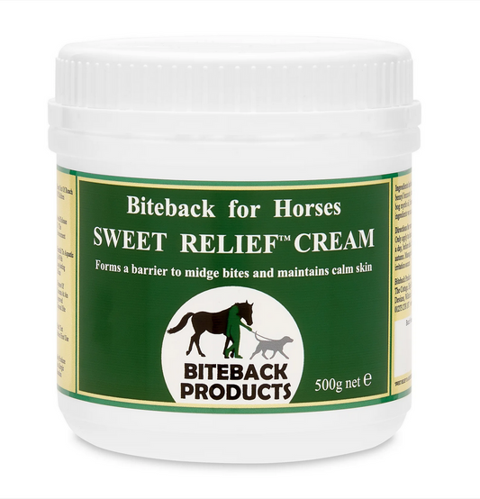 A white pot of 500gr Biteback Sweet Relief Cream against a white background