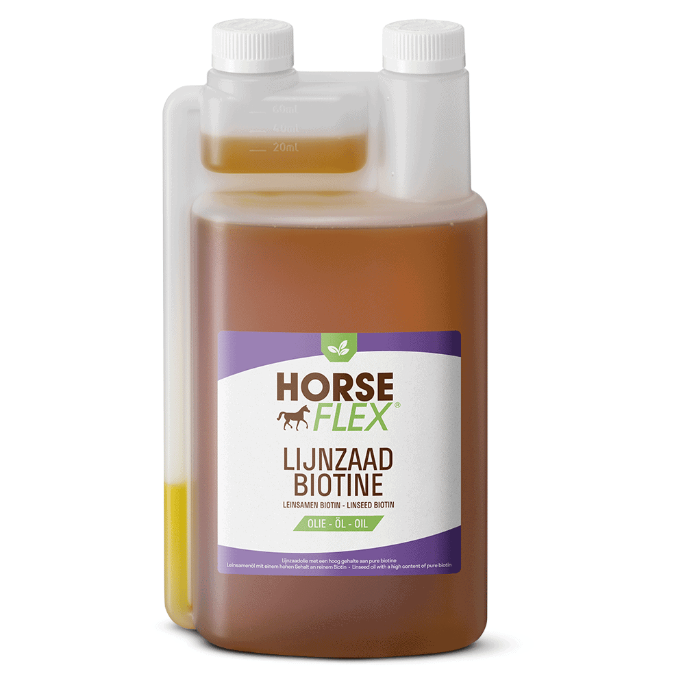 A bottle of Horseflex linseed and biotin oil against a white background