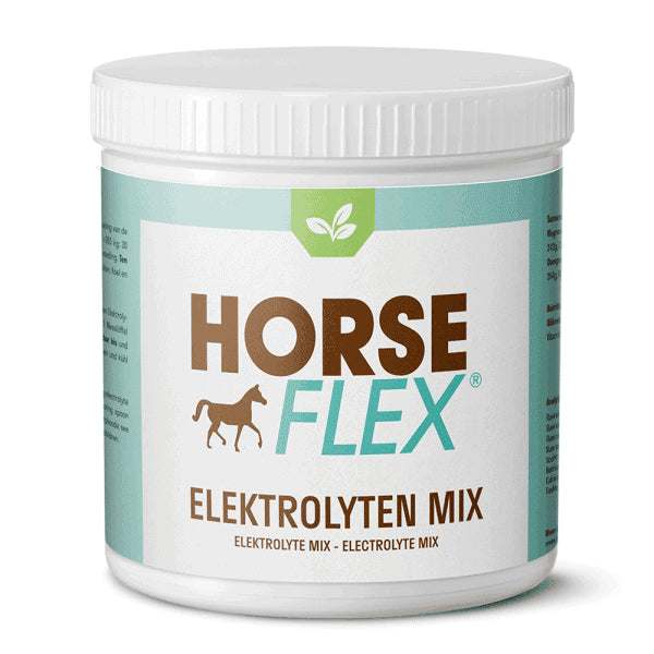 A pot of Horseflex Electrolyte Mix powder agaisnt a white background