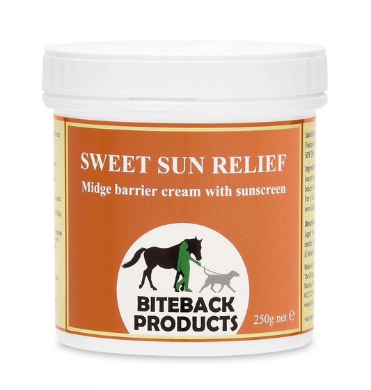 A white pot of Biteback Sweet Sun Relief cream in 250gr against a white background