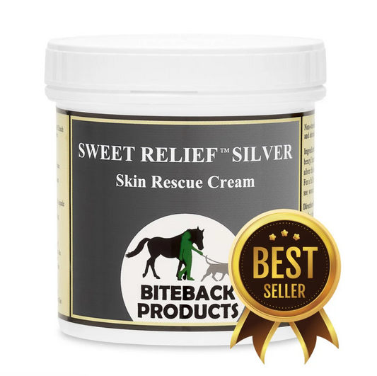 A white pot of Biteback Sweet Relief Silver Cream against a white background and a gold label in the bottom right-hand corner saying Best Seller