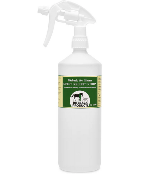 A white spray bottle of Biteback Sweet Relief Lotion of 1ltr against a white background