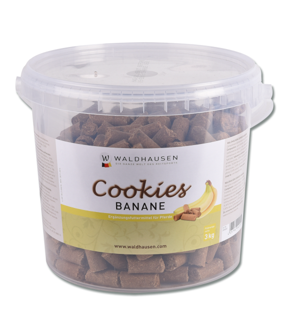 Bucket of horse treats with a banana on the label