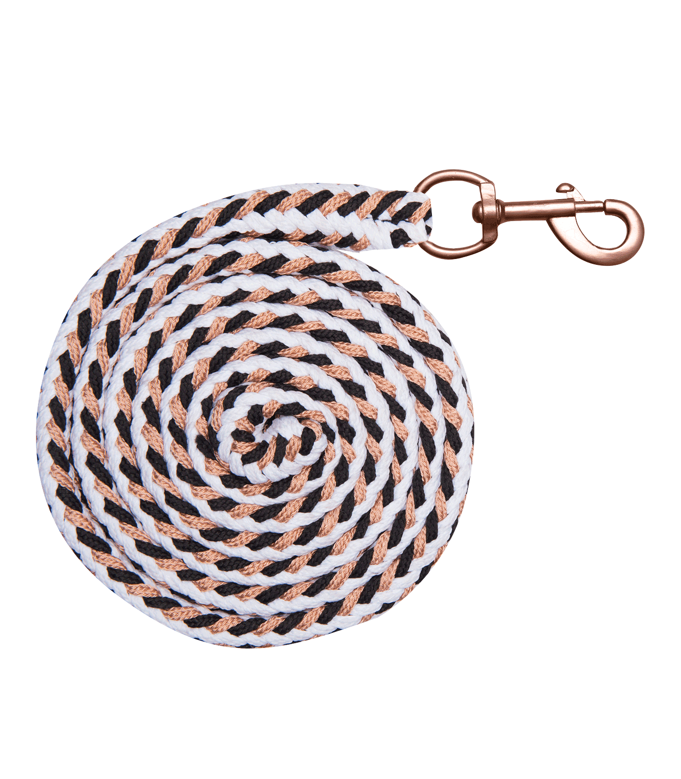 White, rose gold & black leading rope wrapped in a spiral shape with rose gold buckle